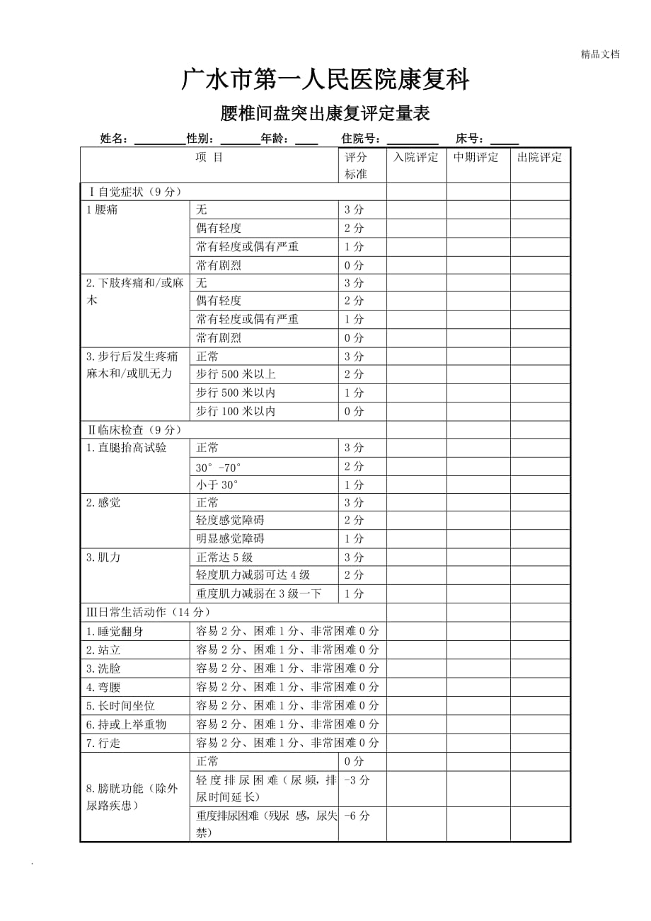 腰椎间盘突出症康复评定表(1)_第1页