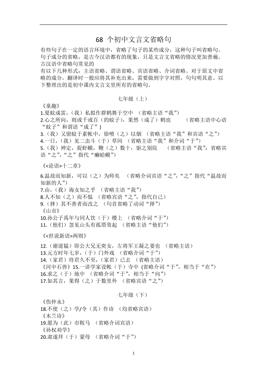 68 个初中文言文省略句（2020年12月16日整理）.doc_第1页