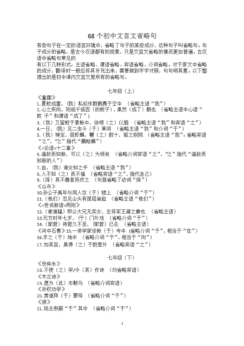 68 个初中文言文省略句（2020年12月16日整理）.pptx_第1页