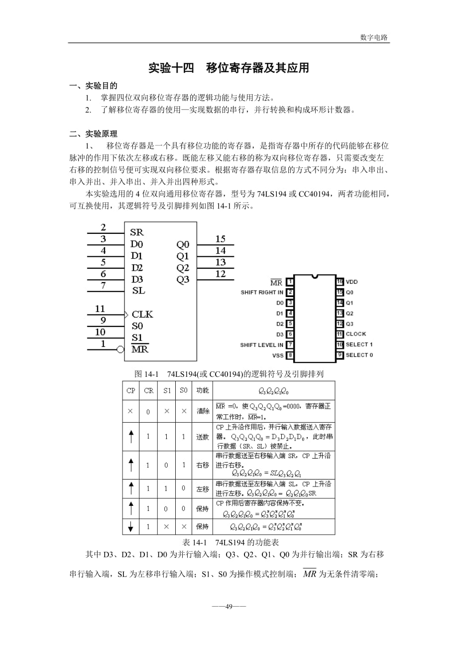 实验十四 移位寄存器及其应用.doc_第1页