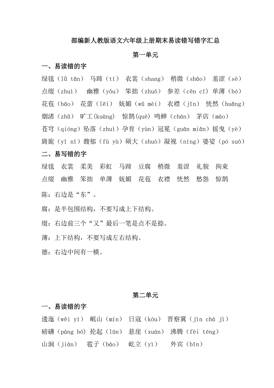 部编新人教版语文六年级上册易读错写错字汇总+课文重点梳理+词语积累_第1页