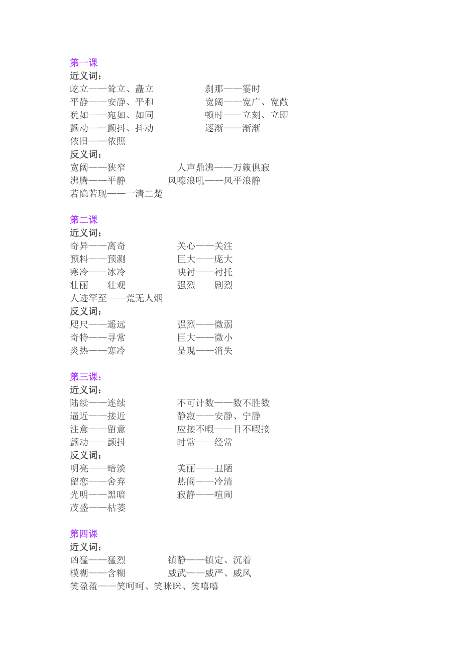 四年级上册(人教版)近义词反义词小总结_第1页