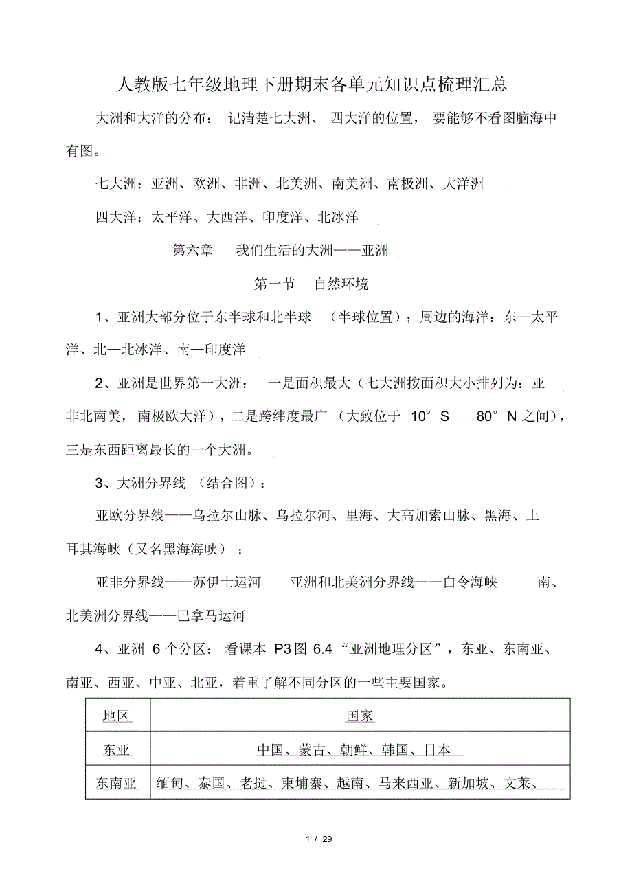 人教版七年级地理下册期末复习各单元知识点梳理汇总_第1页