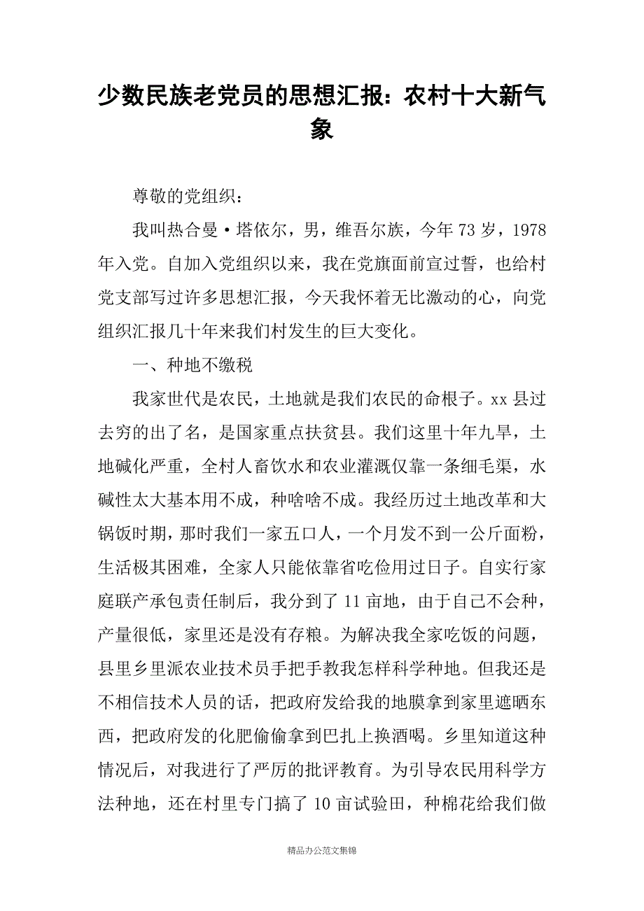 少数民族老党员的思想汇报：农村十大新气象_第1页