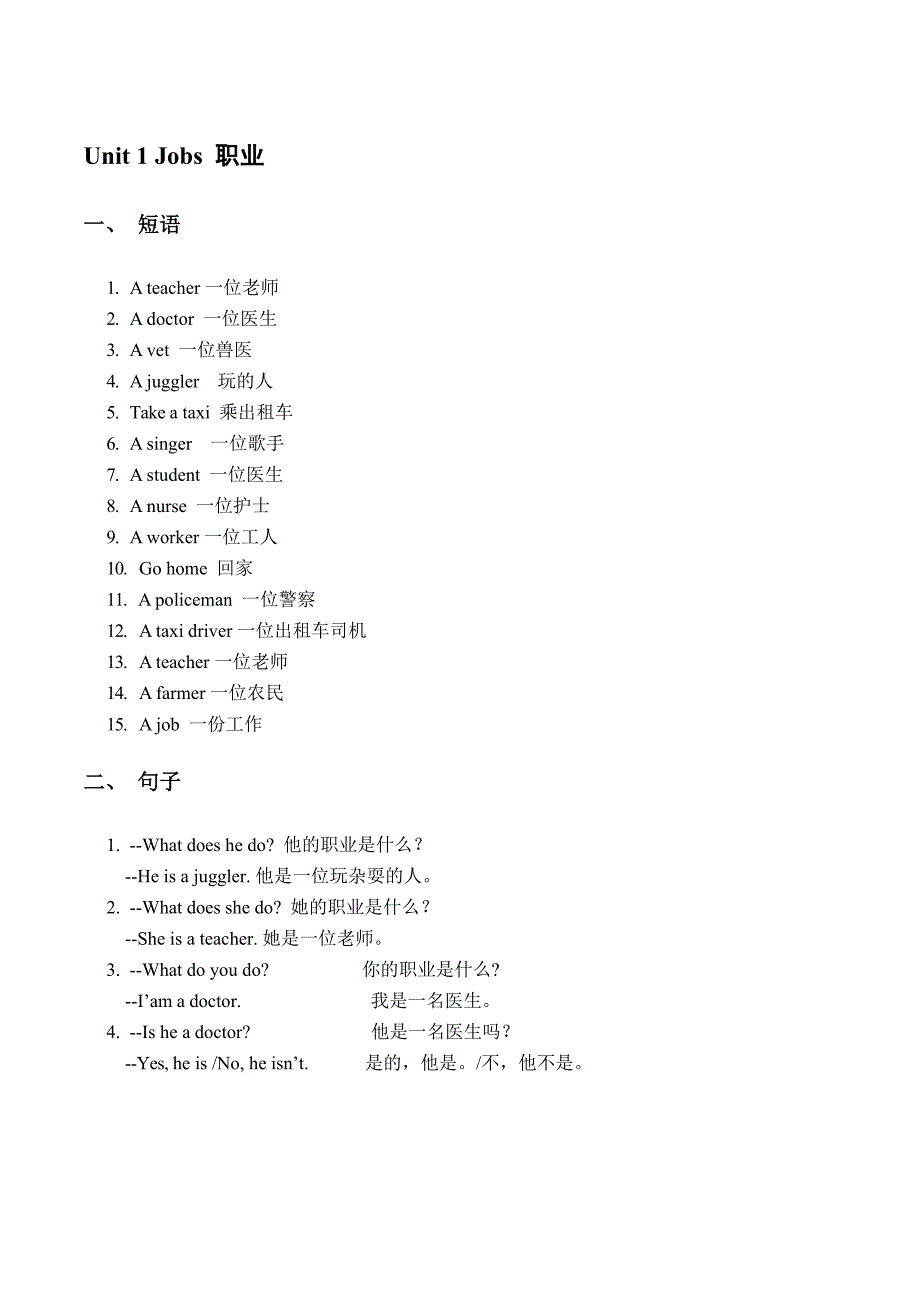 五年级上册英语素材重点知识汇总：Unit1Jobs北师大版（三起）_第1页