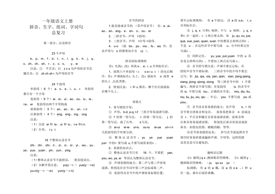 部编版一年级语文上册音字词句总复习.pdf_第1页