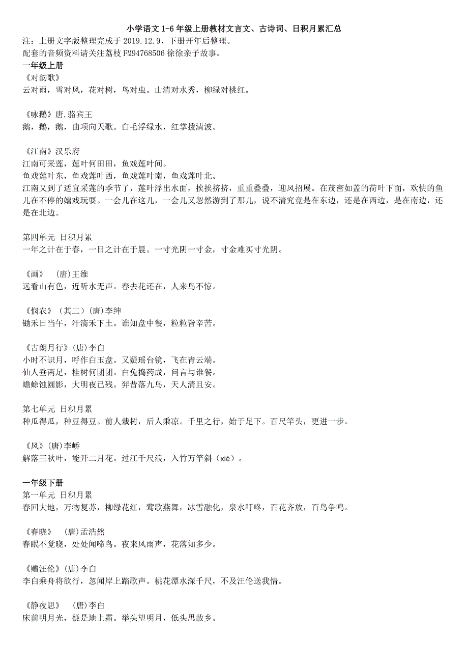 小学语文1-6年级上册教材文言文、古诗词、日积月累汇总_第1页