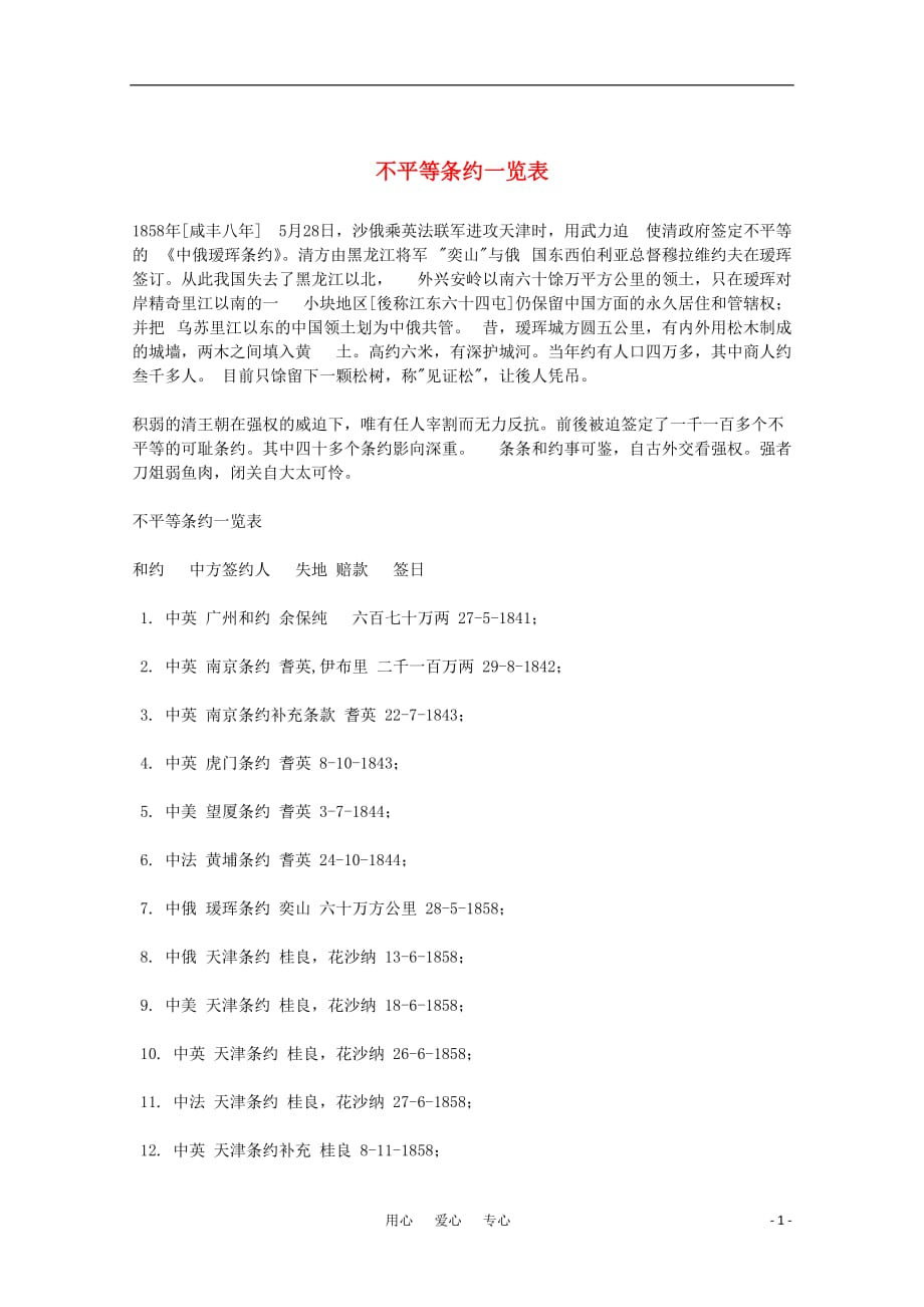 高中历史不平等条约一览表常识文本素材.doc_第1页