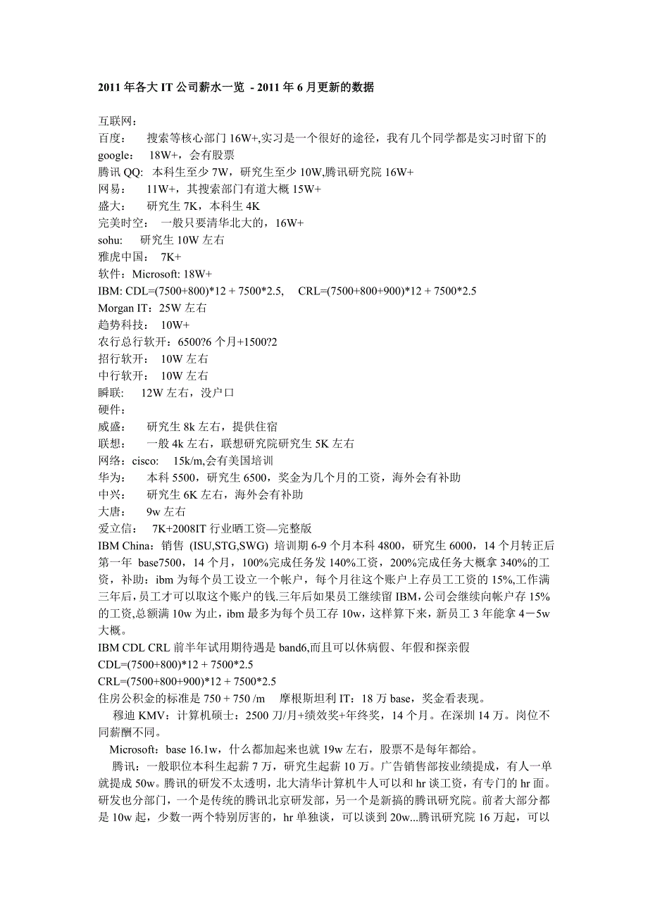 2011年各大IT公司薪水一览_第1页