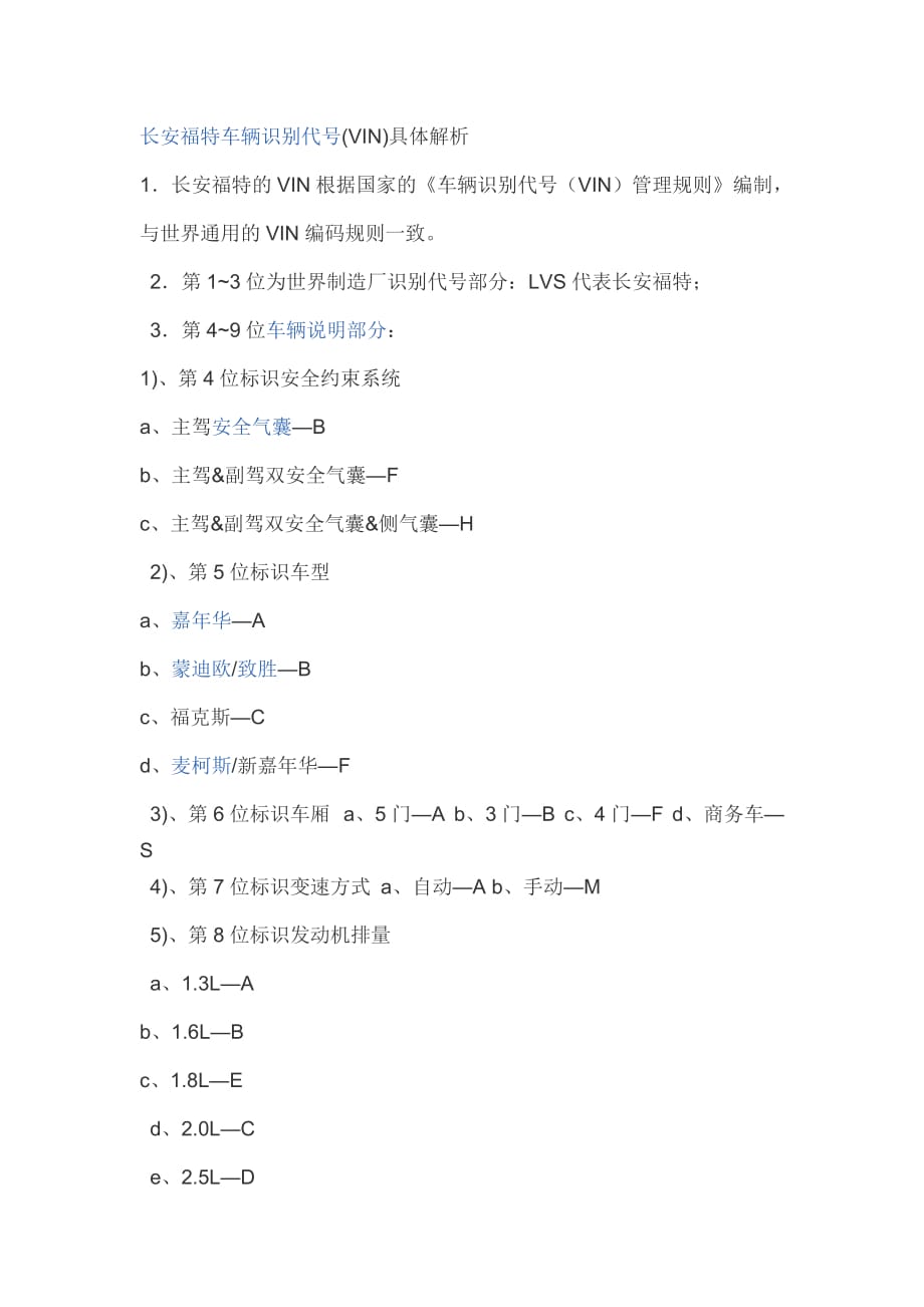 长安福特车辆识别代号(VIN)具体解析_第1页
