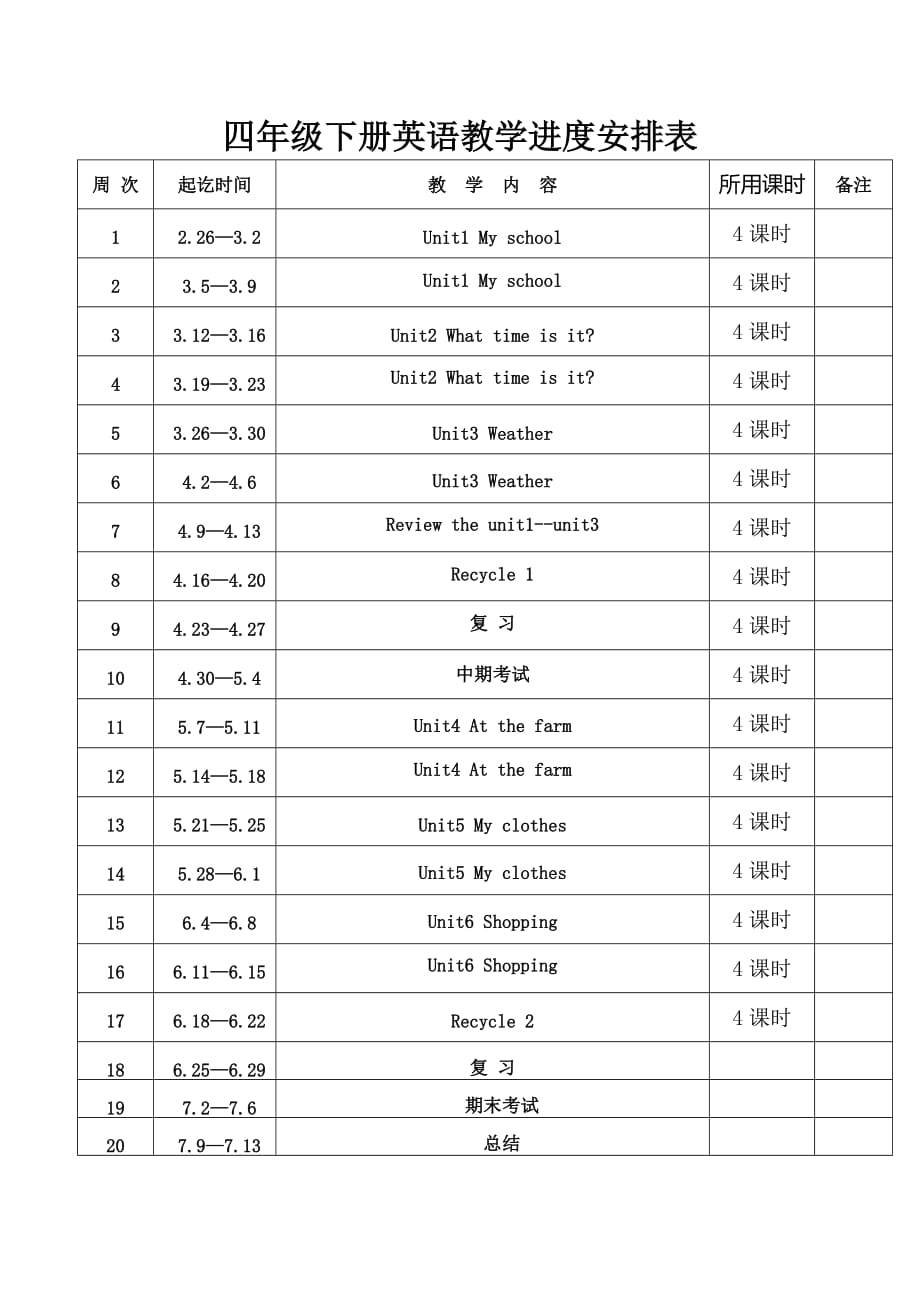四年级英语下册教学进度表_第1页