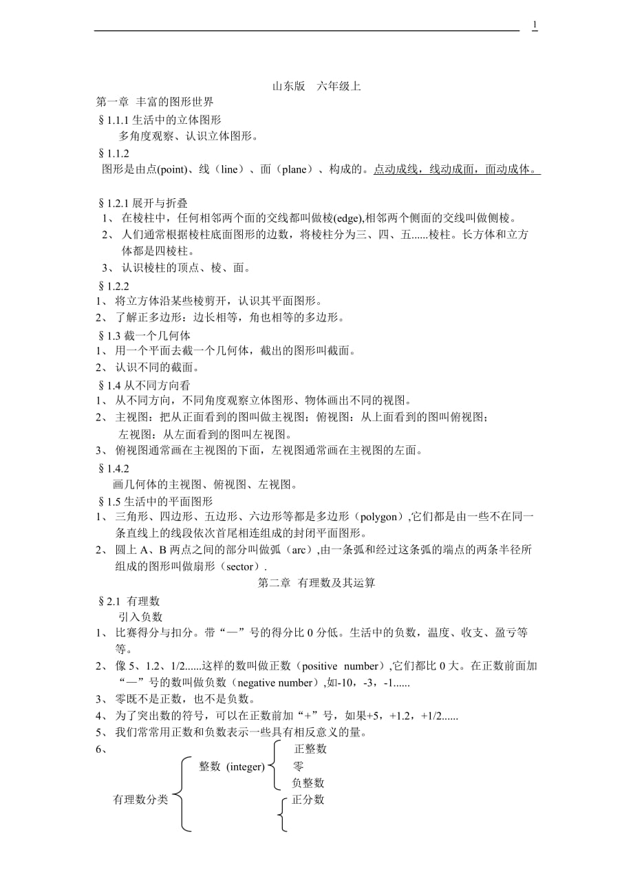 鲁教六年级上册数学的复习知识点汇总.doc_第1页