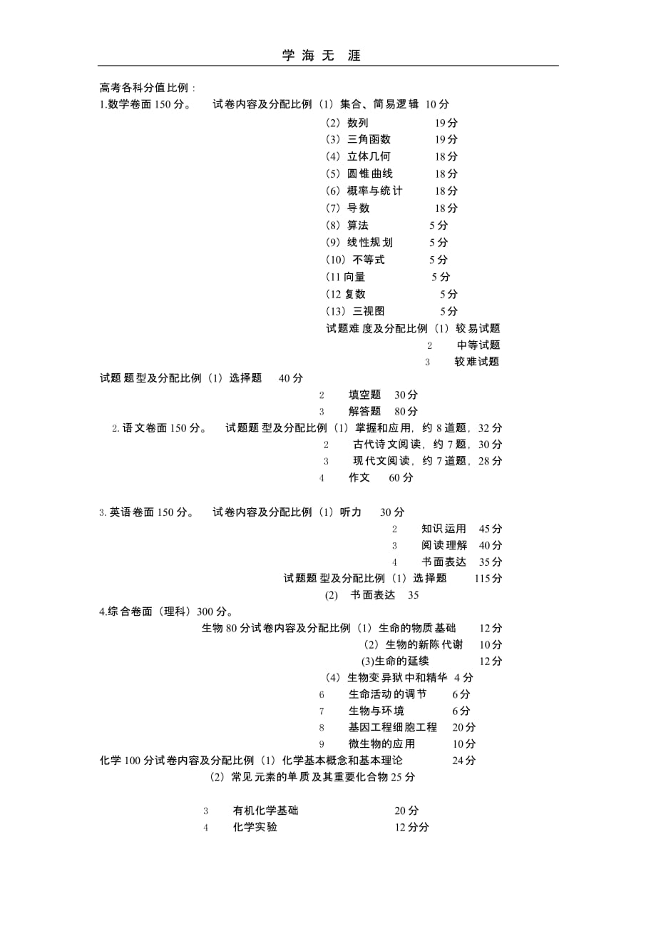 高考各科分值比例(二)_第1页
