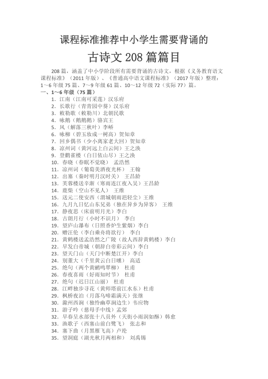 课程标准推荐中小学生需要背诵的古诗文篇目_第1页