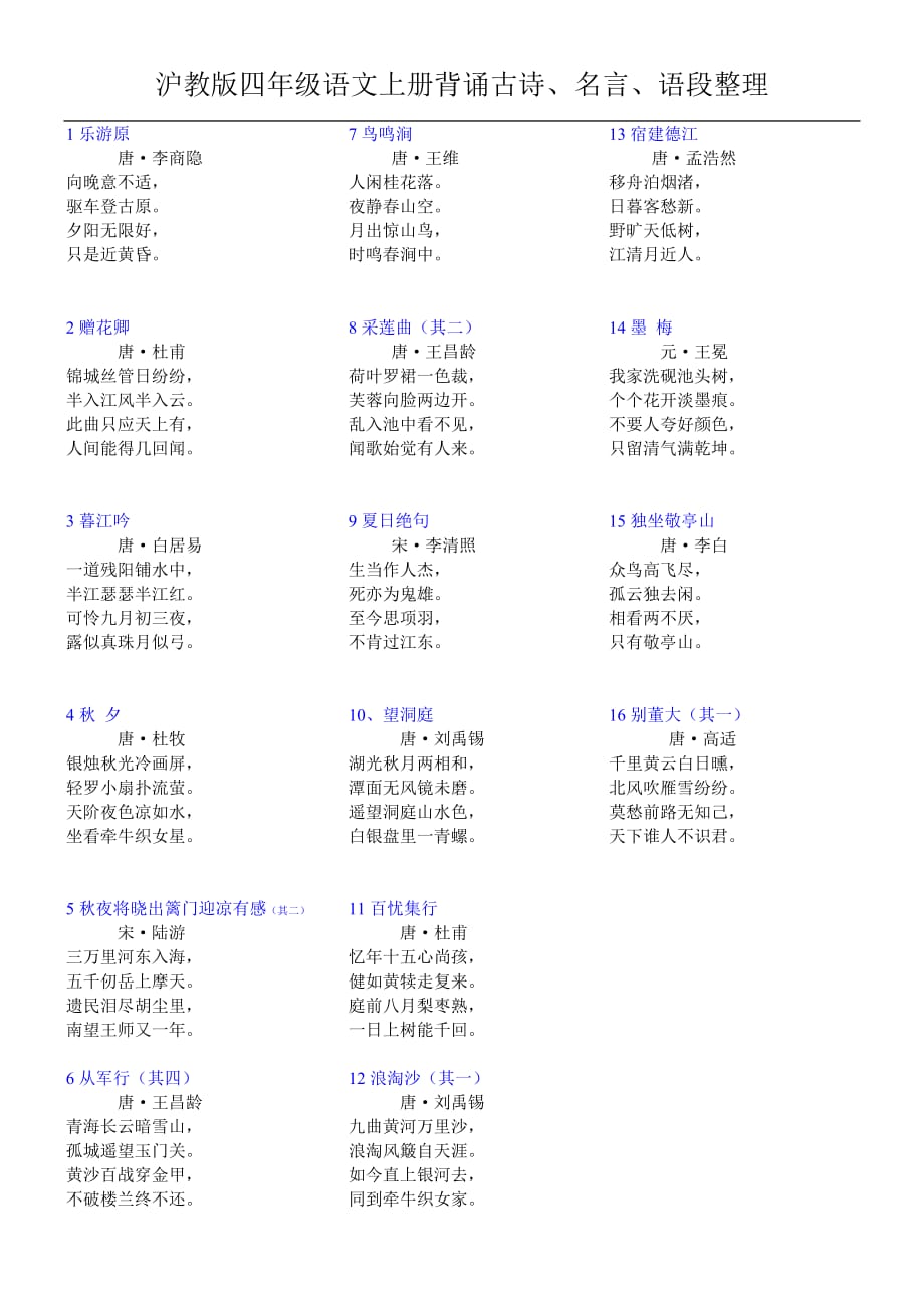 沪教版四年级语文上册-古诗-名言-语段-生字表整理_第1页