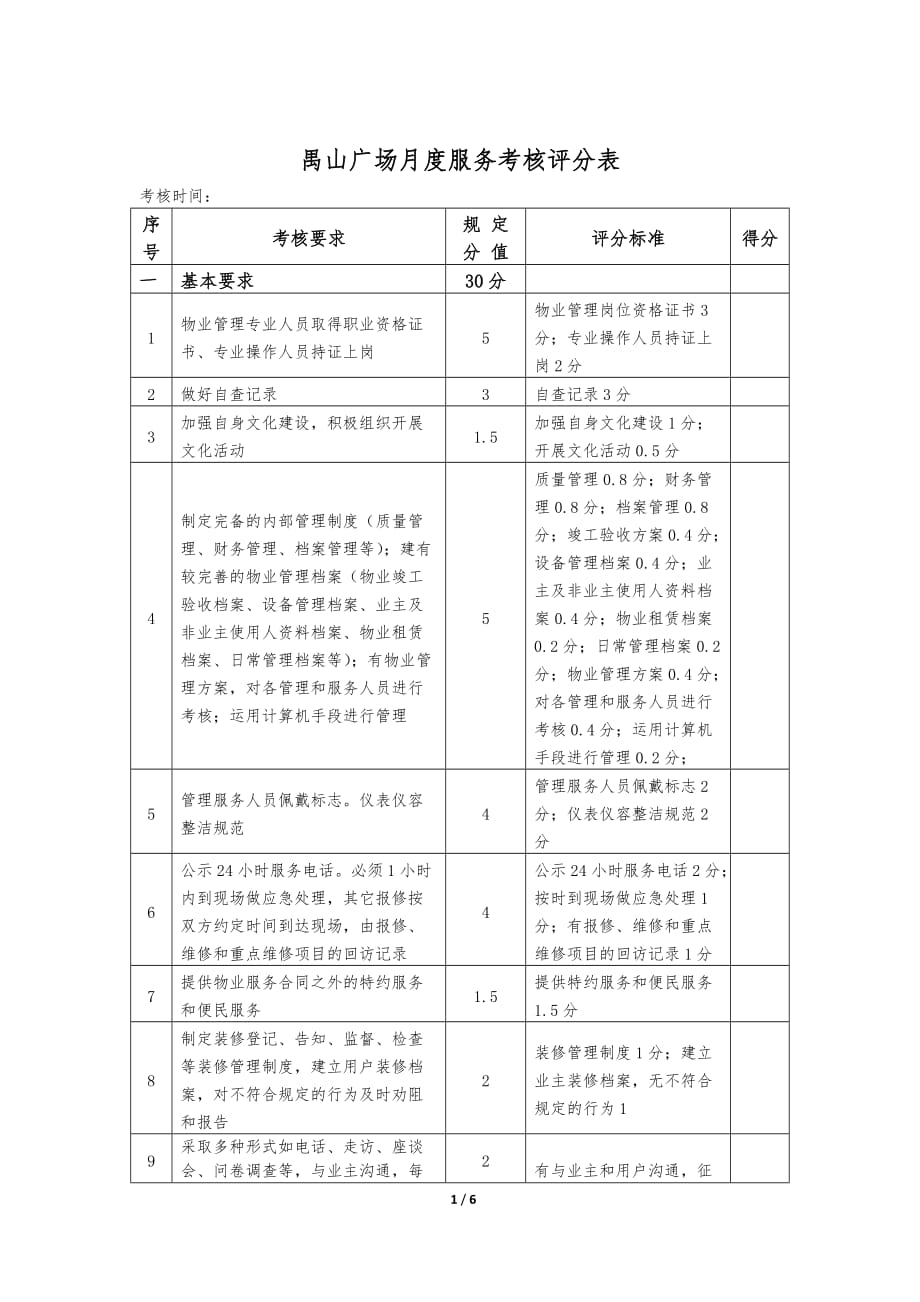 月度服务考核评分表范本_第1页