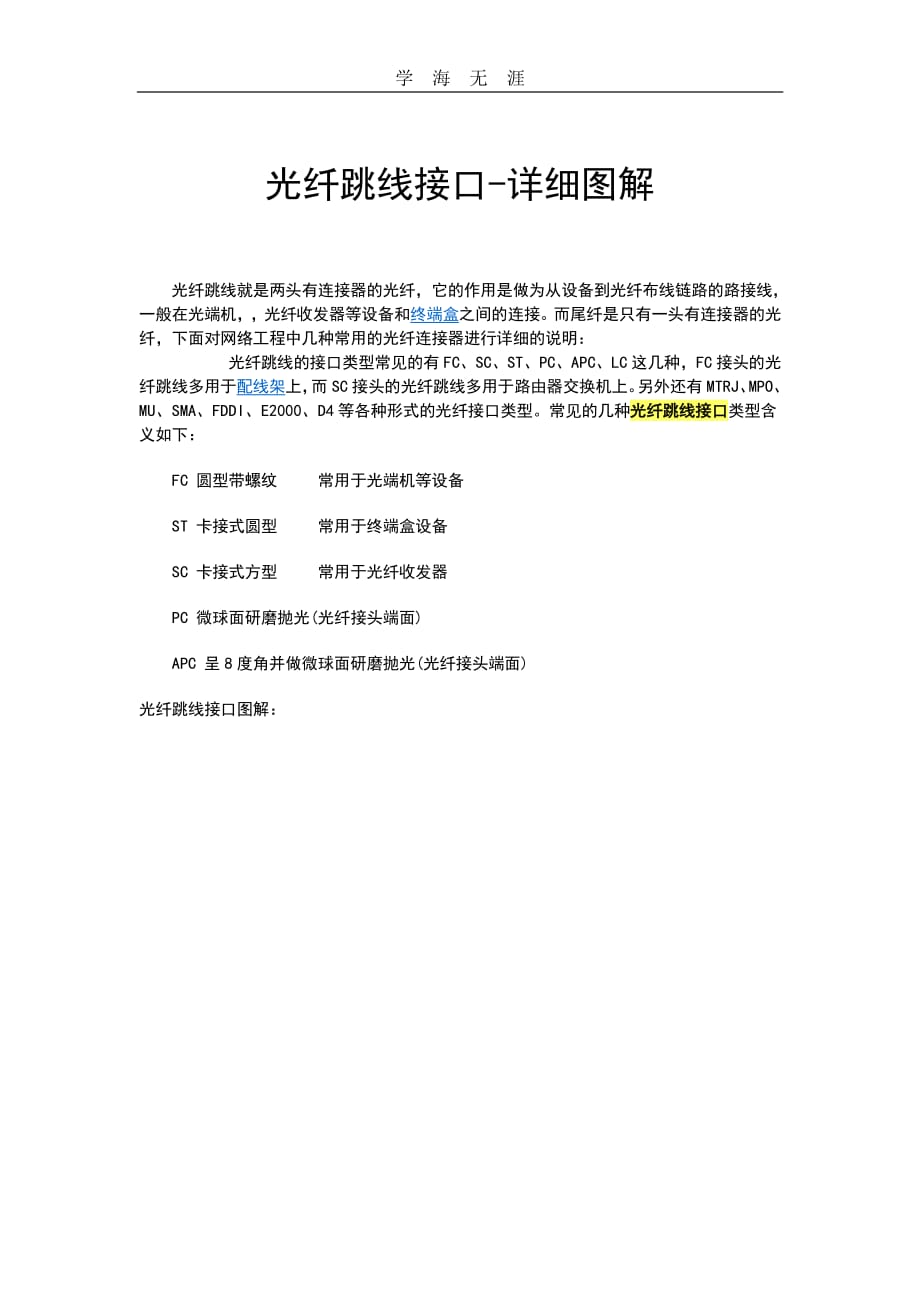 2020年整理存!带图解光纤跳线接口定义用途FC、SC、ST、PC、APC、LC、MTRJ、MPO、MU、SMA、FDDI、E、D4.pdf_第1页
