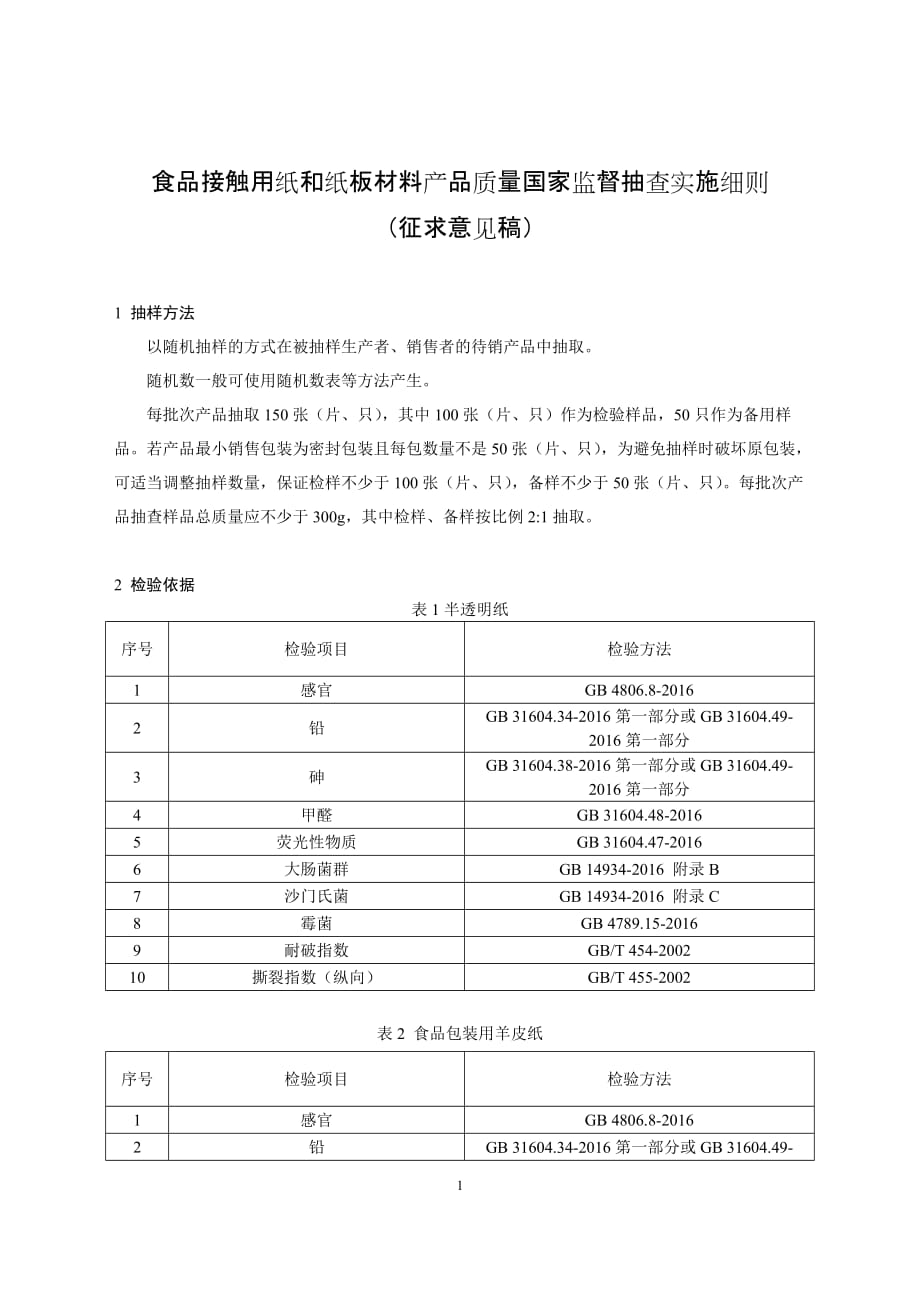 食品接触用纸和纸板材料产品质量国家监督抽查实施细则2020_第1页