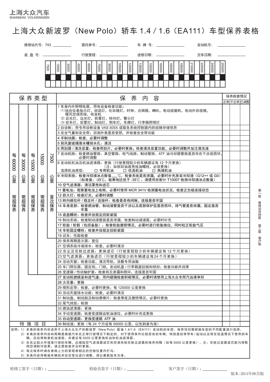 上海大众新波罗（New Polo）轿车 1.4／1.6（EA111）车型保养表格_第1页