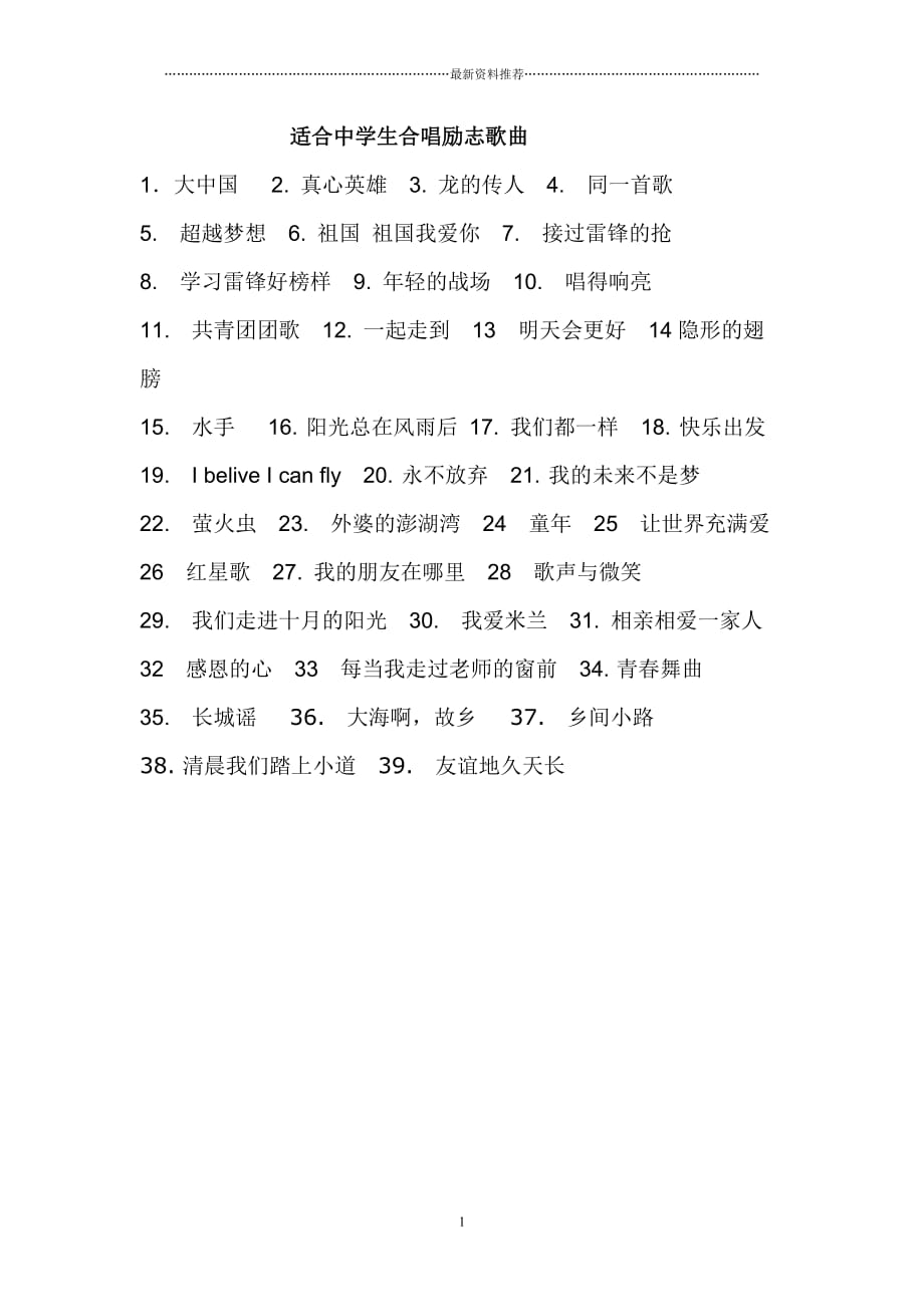 适合中学生合唱励志歌曲精编版_第1页