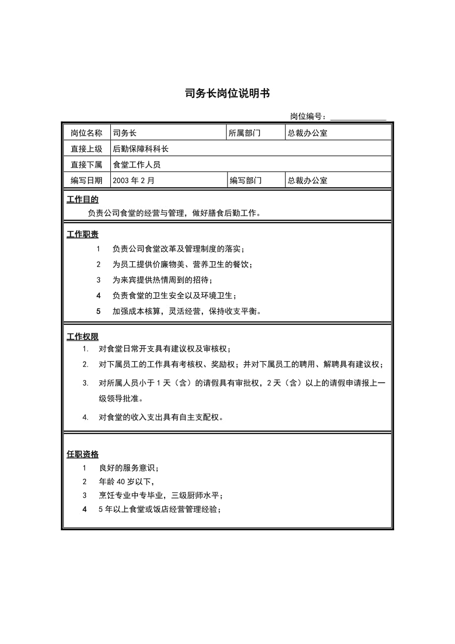 《精编》总裁办公室司务长职务描述_第1页