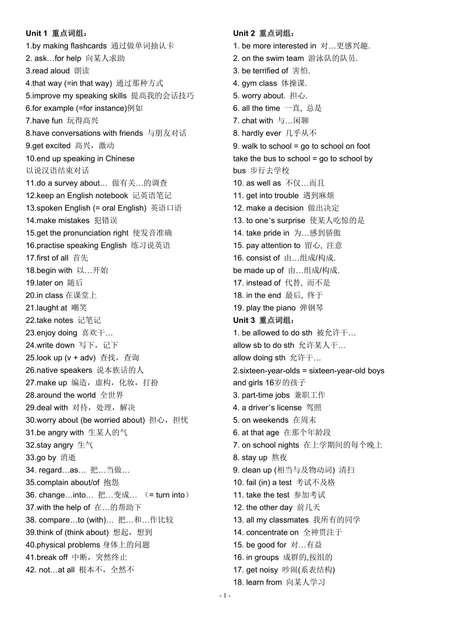 九年级上册英语复习1-10单元重点短语_第1页