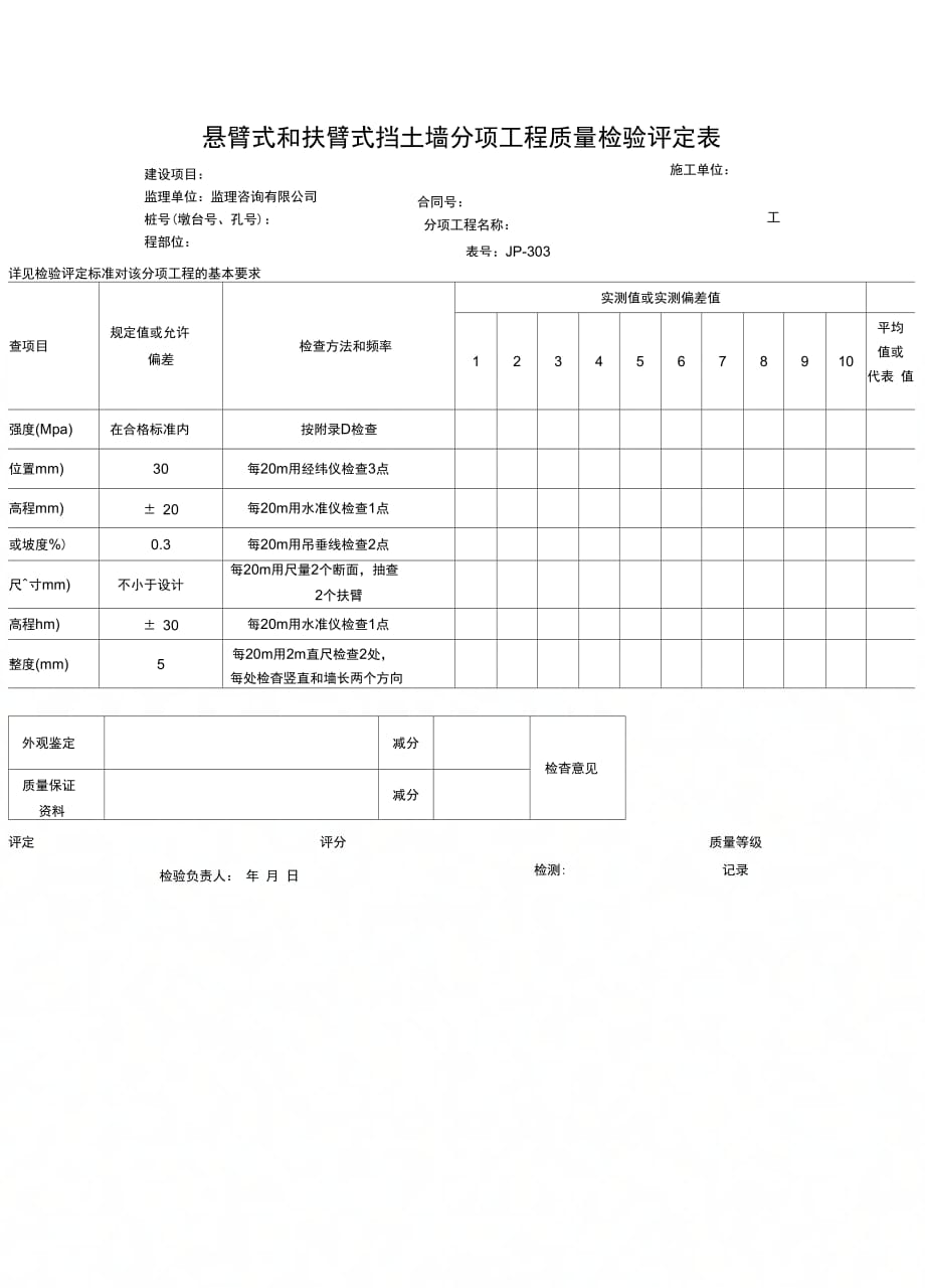 悬臂式和扶臂式挡土墙分项工程质量检验评定表_第1页