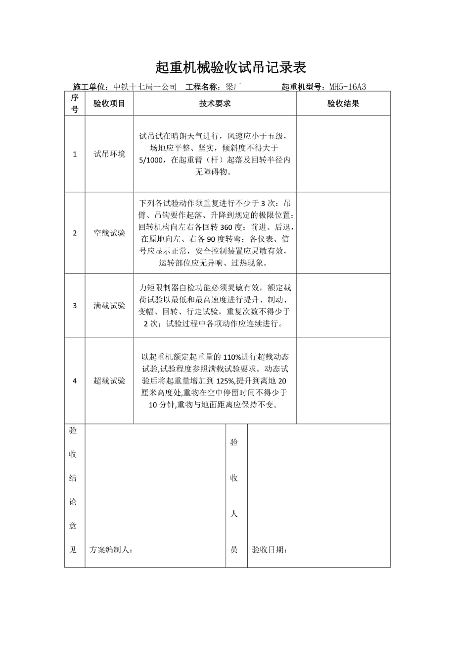 起重机械验收试吊记录表_第1页