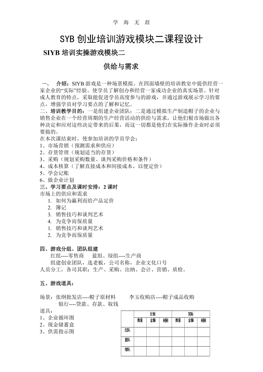 （2020年整理）SYB创业培训游戏模块2课程设计.doc_第1页