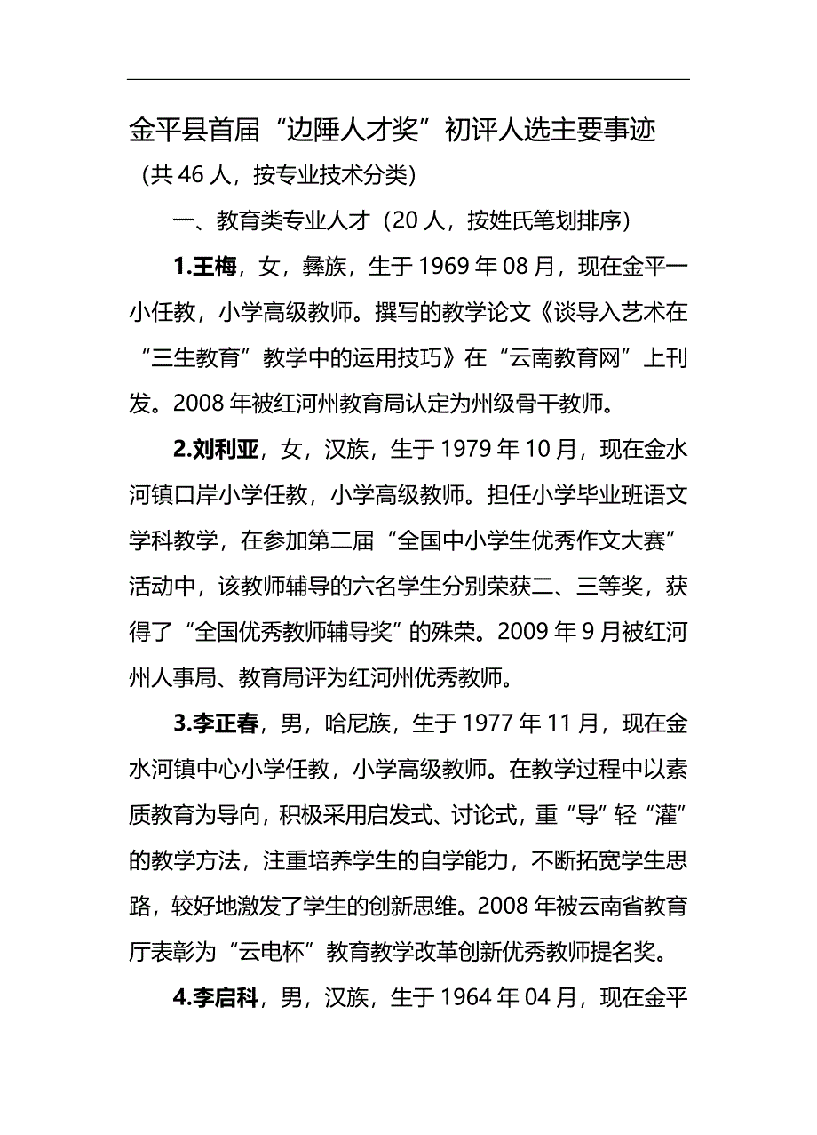 （员工管理）金平县首届“边陲人才奖”初评人员基本情况__第1页
