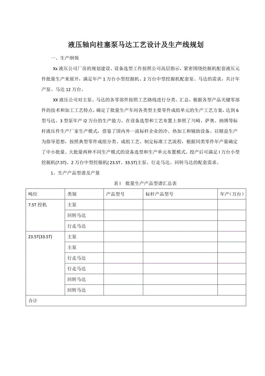 {生产计划培训}液压轴向柱塞泵马达工艺设计及生产线规划概述_第1页