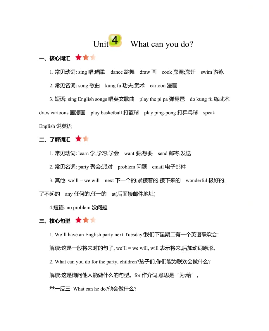 人教PEP版五年级英语上册《Unit 4 知识清单、单元知识点总结》_第1页