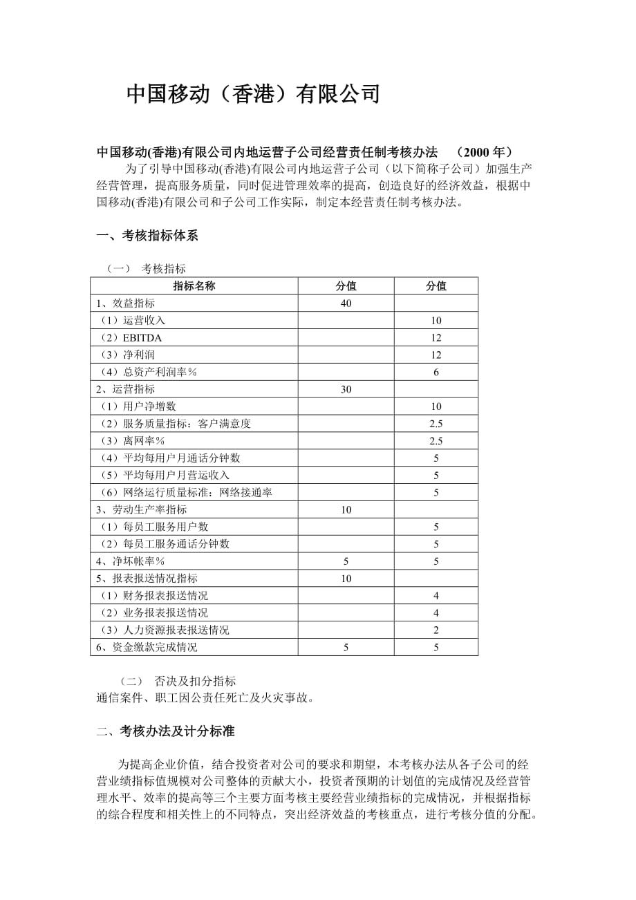 企业管理制度中国移动内地运营子公司年度绩效考核管理办法_第1页
