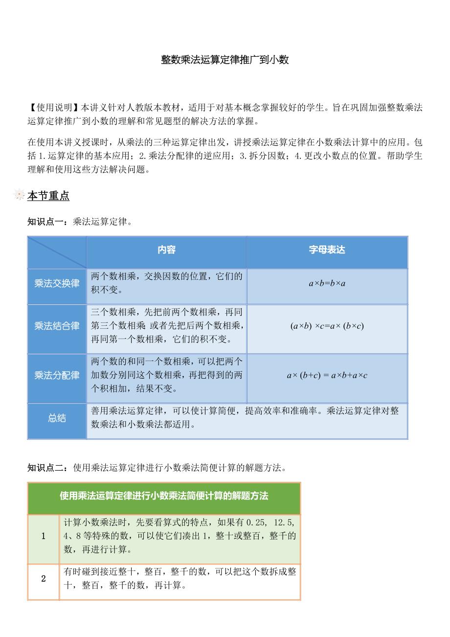 人教版五年级上册数学试题-同步拓展讲练：整数乘法运算定律推广到小数（解析版）_第1页