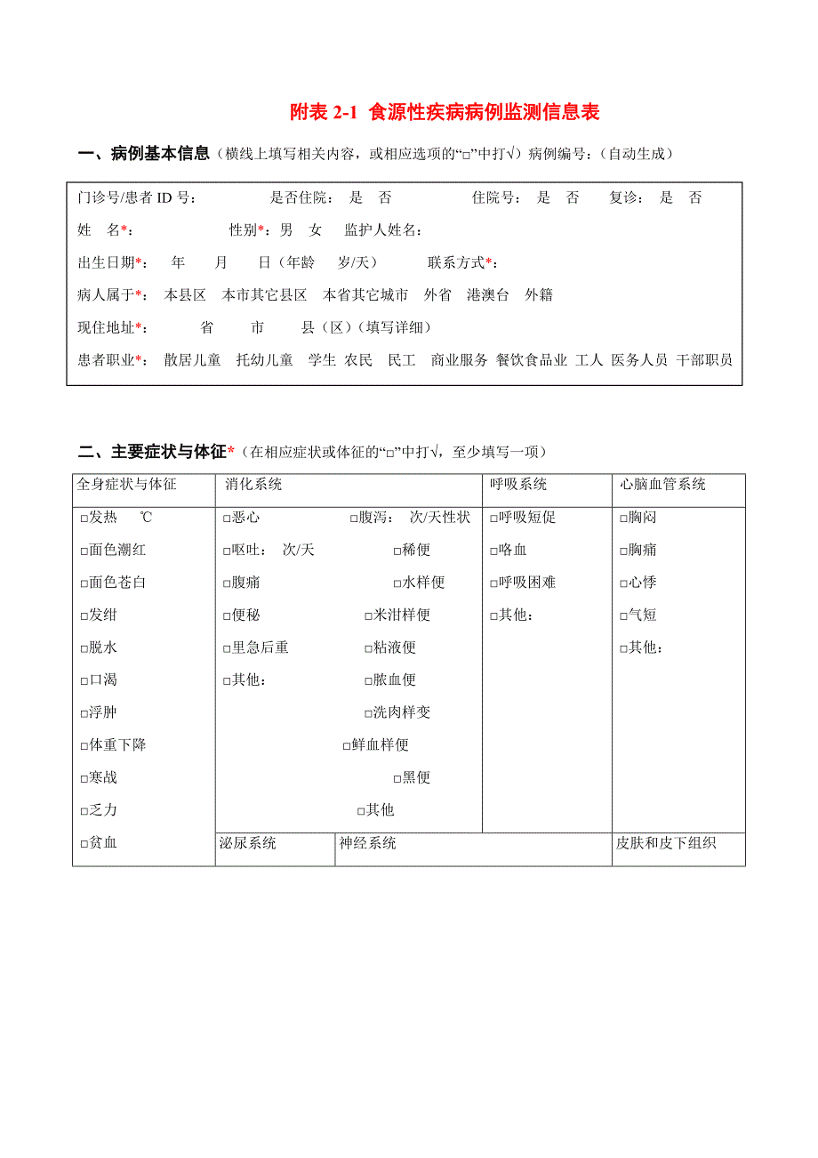 关于食源性疾病病例监测信息表_第1页