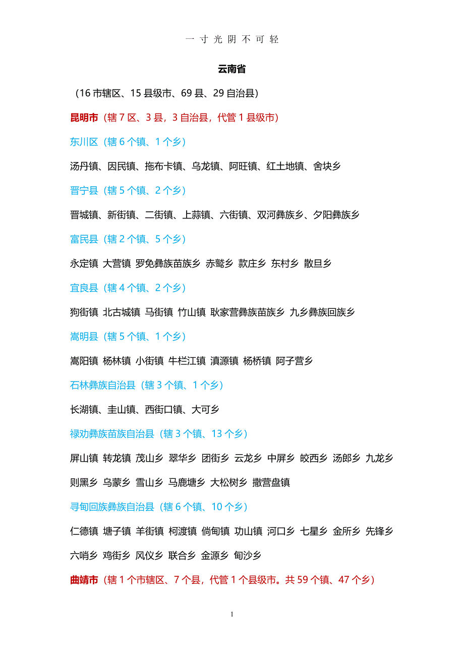 云南省市县乡镇明细(版)（2020年8月整理）.pdf_第1页