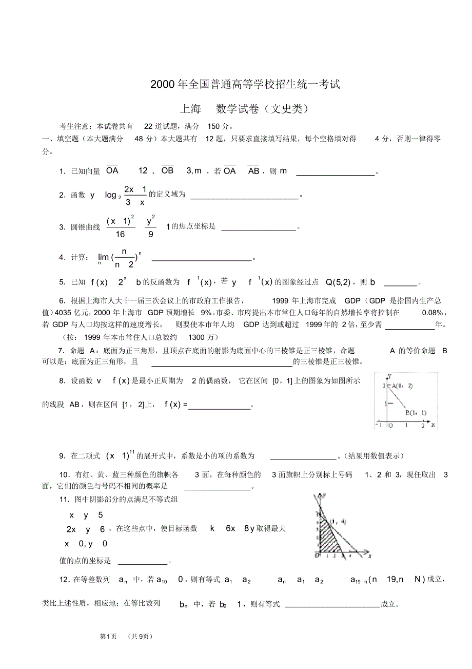 2000年高考.上海卷.文科数学试题及答案_第1页