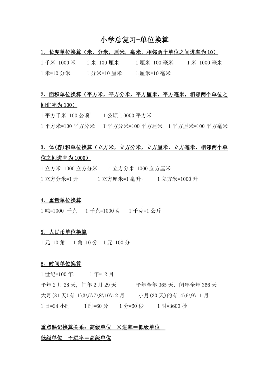 小学数学试题-总复习-单位换算练习题（含答案）全国通用_第1页