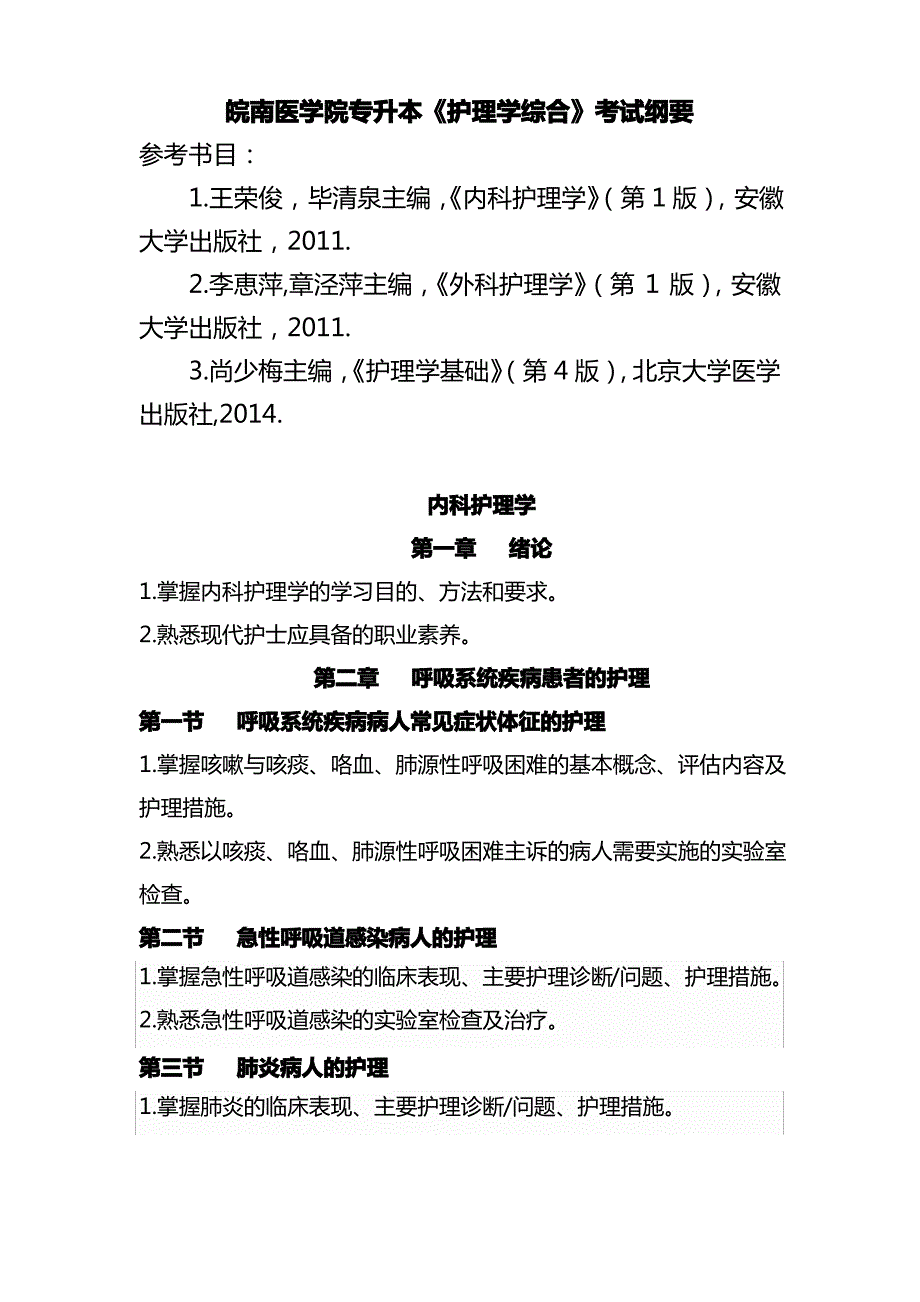 皖南医学院专升本《护理学综合》考试纲要._第1页