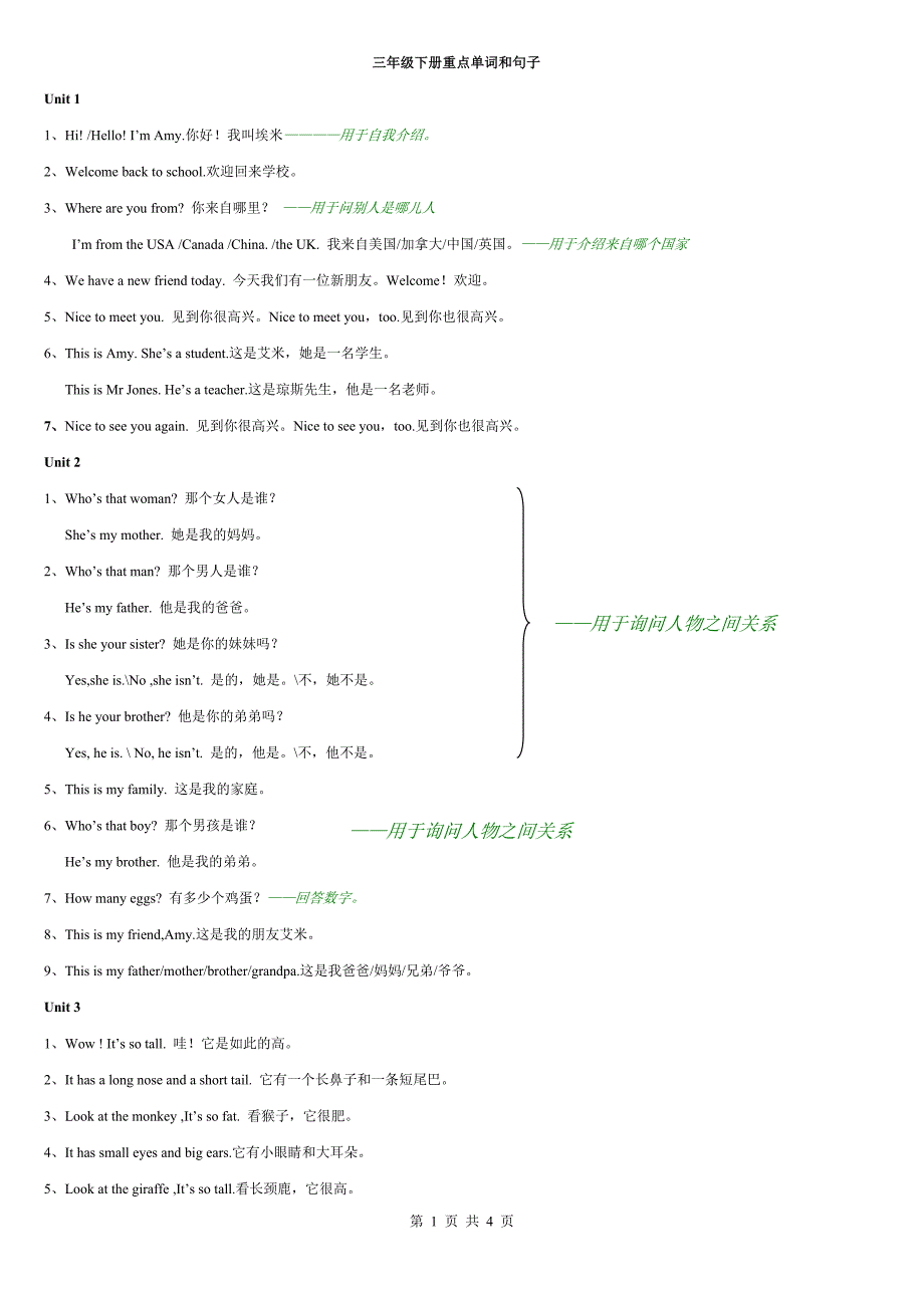 PEP三年级英语下册重点句子与单词-（最新版-已修订）_第1页