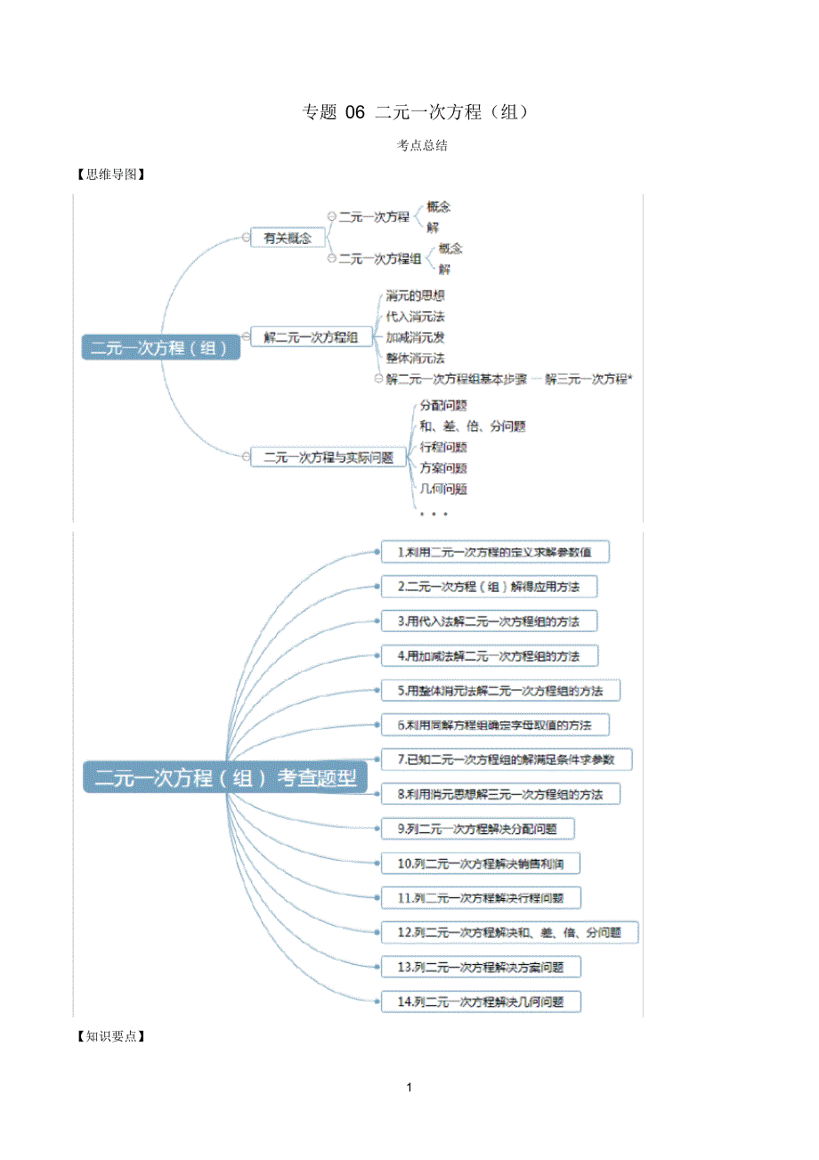 2021年中考数学一轮复习基醇点专题06二元一次方程组含解析_第1页
