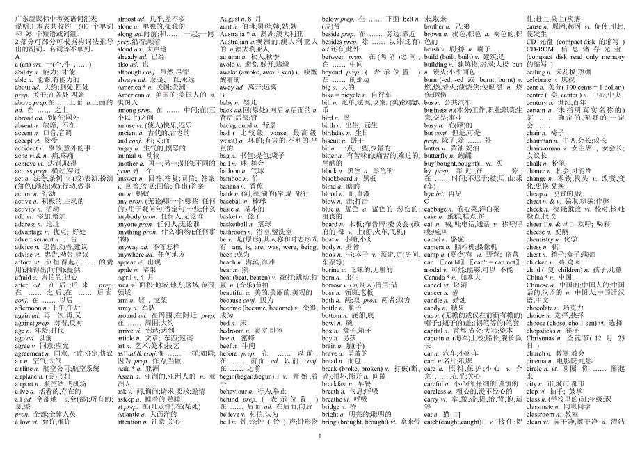 英语中考必备词汇1600(打印版)(最新版)_第1页
