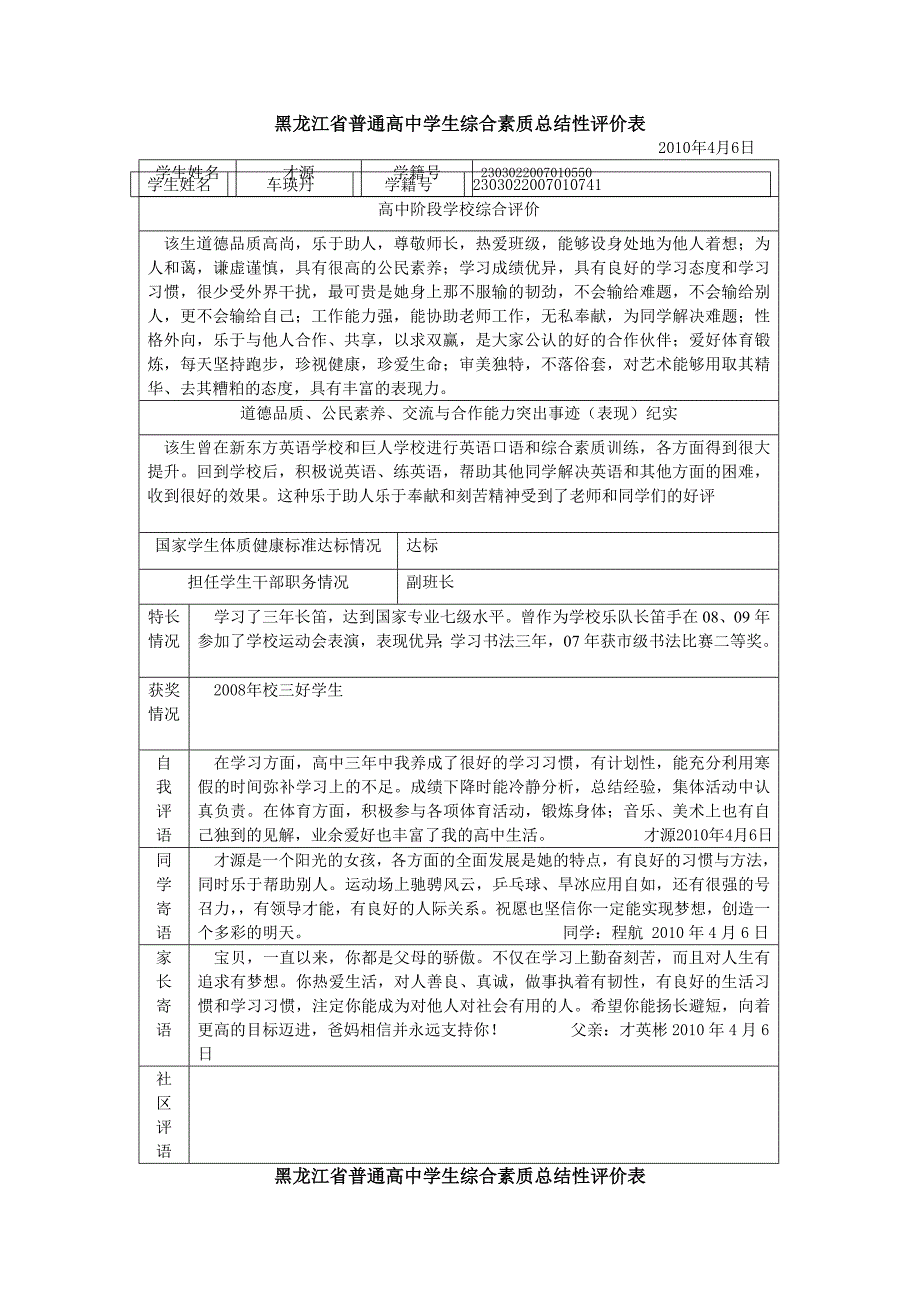 黑龙江省普通高中学生综合素质总结性评价表(最终1)._第1页