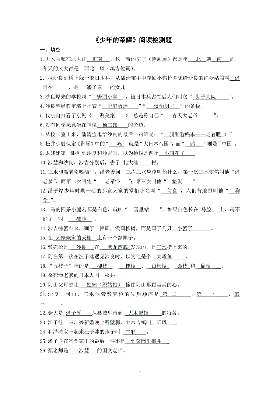 六上《少年的荣耀》阅读检测题 答案(最新编写)_第1页