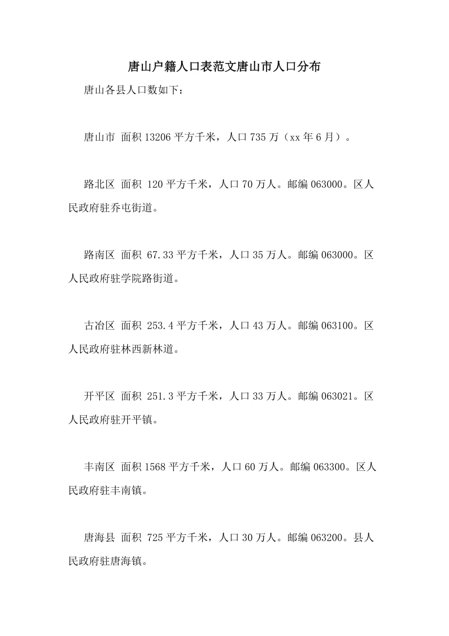 2020年唐山户籍人口表范文唐山市人口分布_第1页
