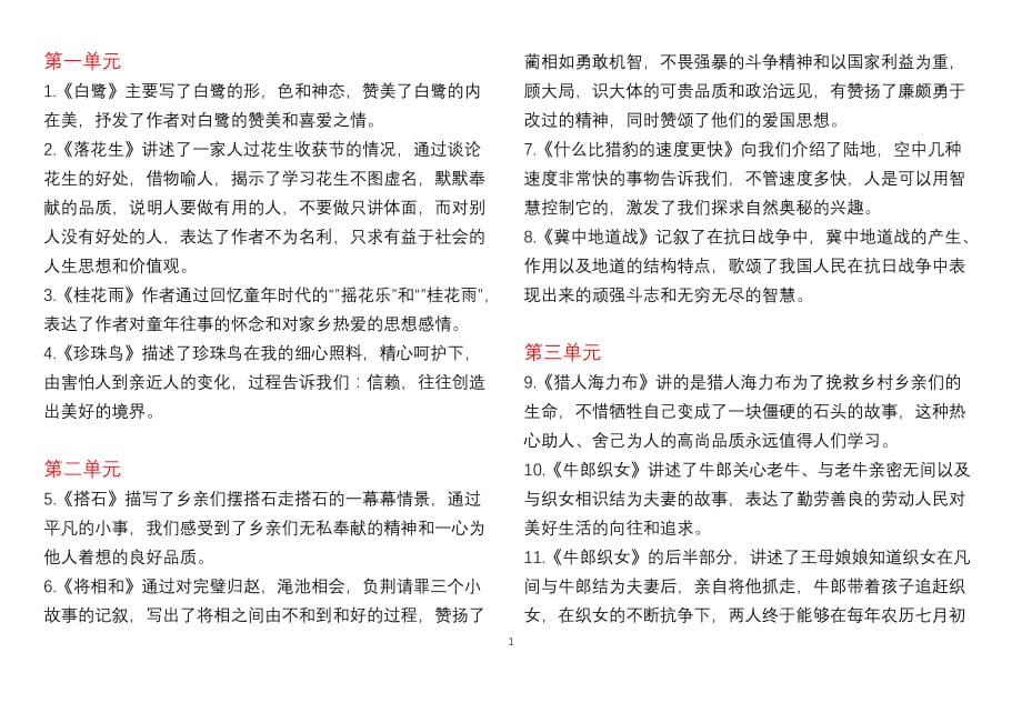 部编版语文五年级上册课文中心思想汇总_第1页