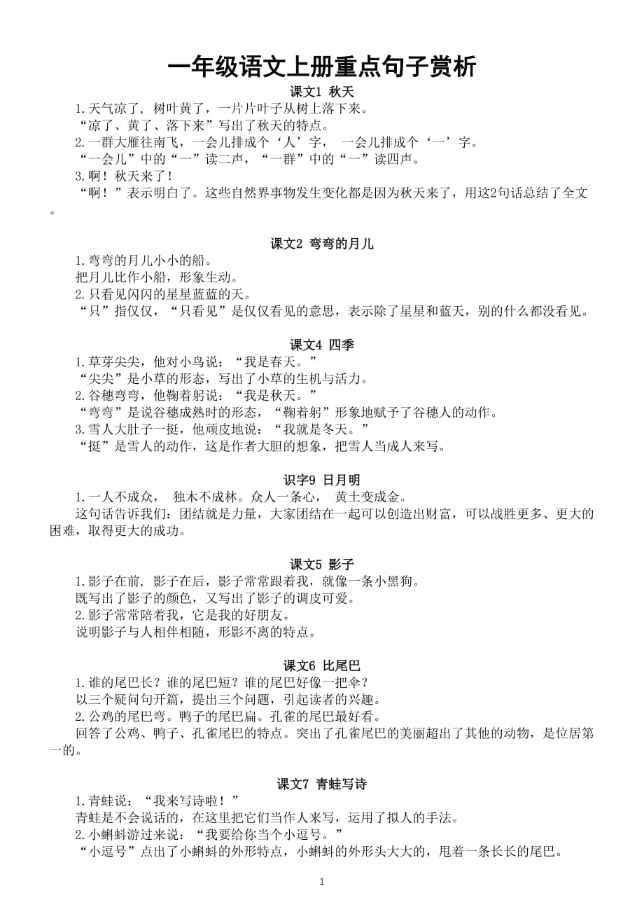 小学语文部编版一年级上册全册每课重点句子赏析_第1页
