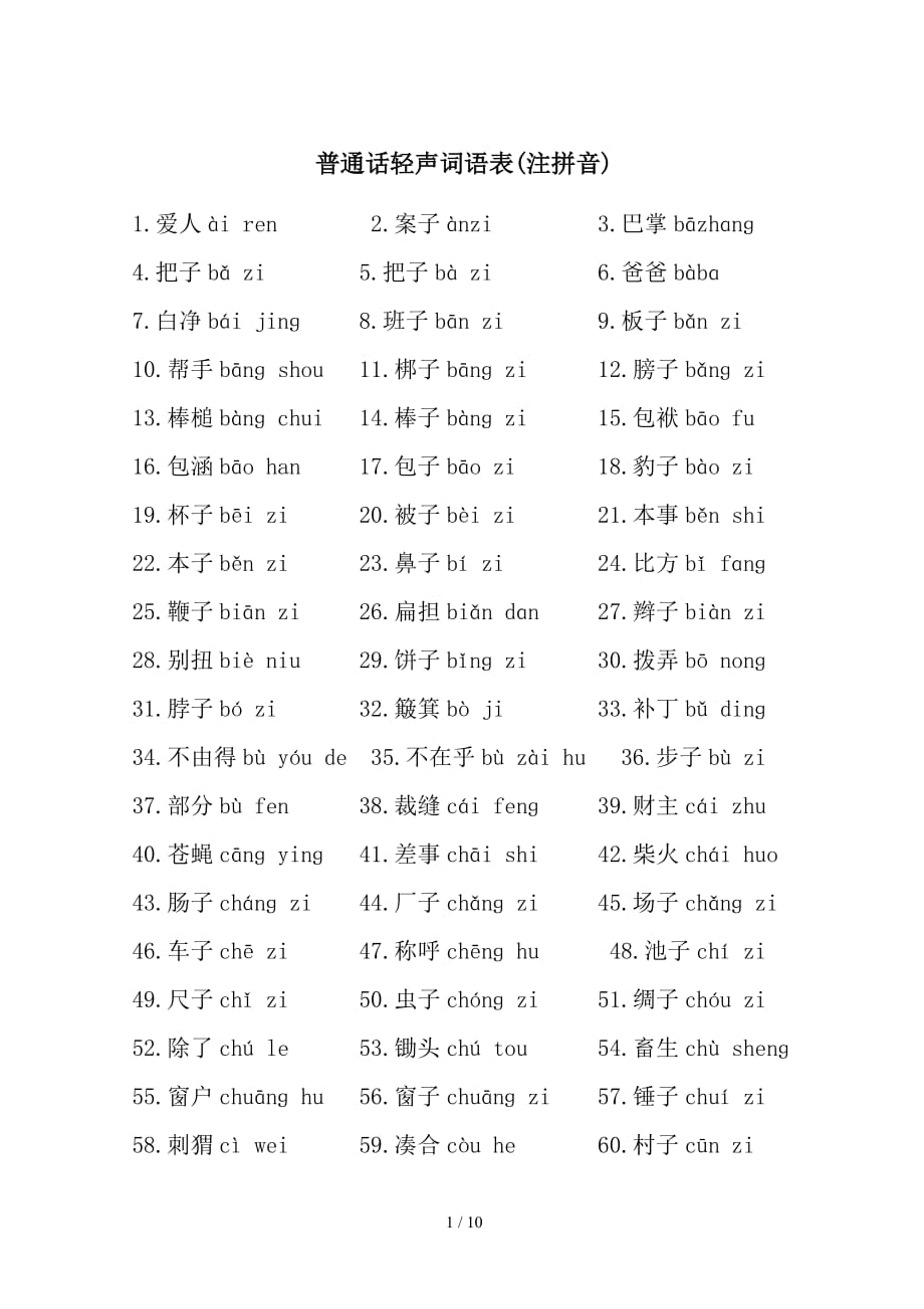 普通话轻声词语表(注拼音)（精编）_第1页