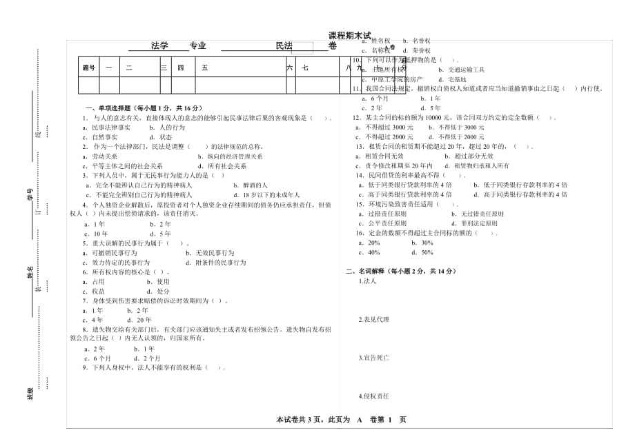 2015成人高考专升本民法试卷与答案_第1页