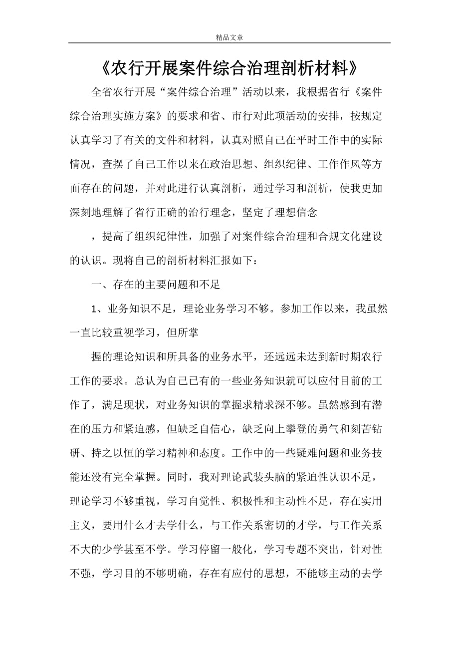 《农行开展案件综合治理剖析材料》_第1页